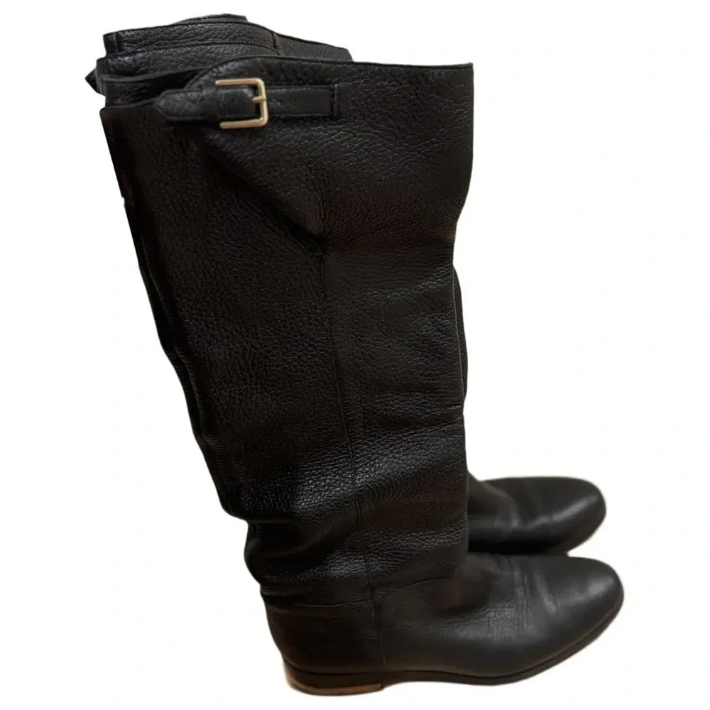 Burberry Ladies Black Leather Knee High Shoes Size 38 Italy Strap Buckle Gold